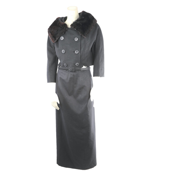 Kennie Belted Black Wool Skirt Suit Mink Fur Collar Jacket Vintage Set Size S - Picture 4 of 16